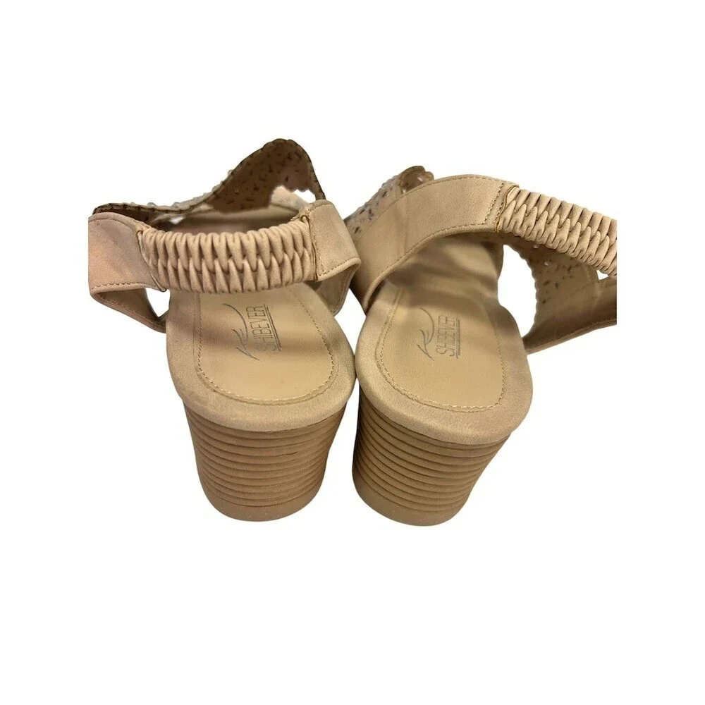 Shibever Wedge Sandals Womens Size 9 Beige Slingback Rhinestone Open Toe